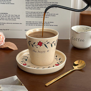 ถ้วยชาและจานรองเซรามิกขายส่ง ลายดอกไม้สไตล์วินเทจ ถ้วยกาแฟเซรามิก ถ้วยลาเต้ไม่มีหูจับ - Product Image 2