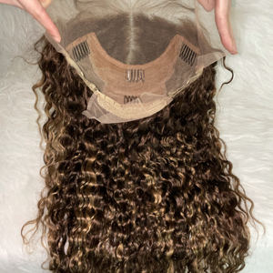 Peluca de cabello humano real para mujer, pelo lacio indio crudo resaltado marrón y Rubio atado a mano Popular con Frontal de encaje - Product Image 3