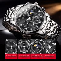 Montre-bracelet à quartz pour homme en acier inoxydable, étanche 30M, alliage lumineux, calendrier, 41MM, soleil, lune, étoiles, vente en gros