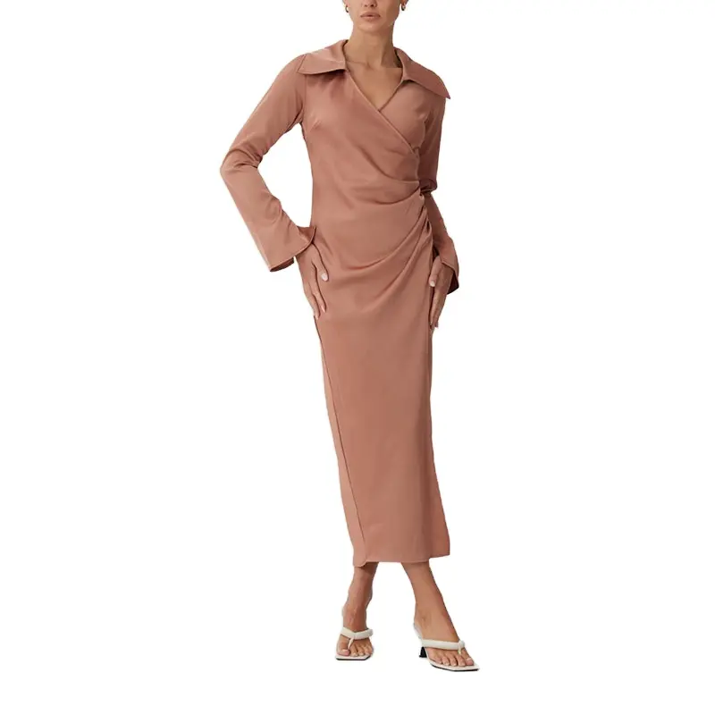 New Arrival Satin Long Sleeve V-Neck Unlined Fitted Casual Fashion Midi Shirt Dress