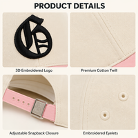Gorra de Béisbol Personalizada Estilo Street Snapback, Bordado 3D en Relieve, Dos Tonos Crema y Rosa, 6 Paneles, Sarga de Algodón, Logotipo de Silicona