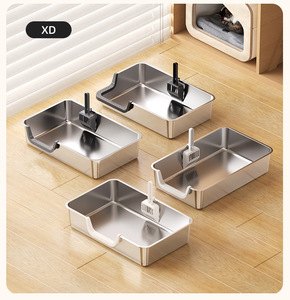 Bac à litière carré monobloc en acier inoxydable extra-large anti-éclaboussures à ouverture latérale et entrée par le haut pour chats adultes Cross-border Pet - Product Image 5