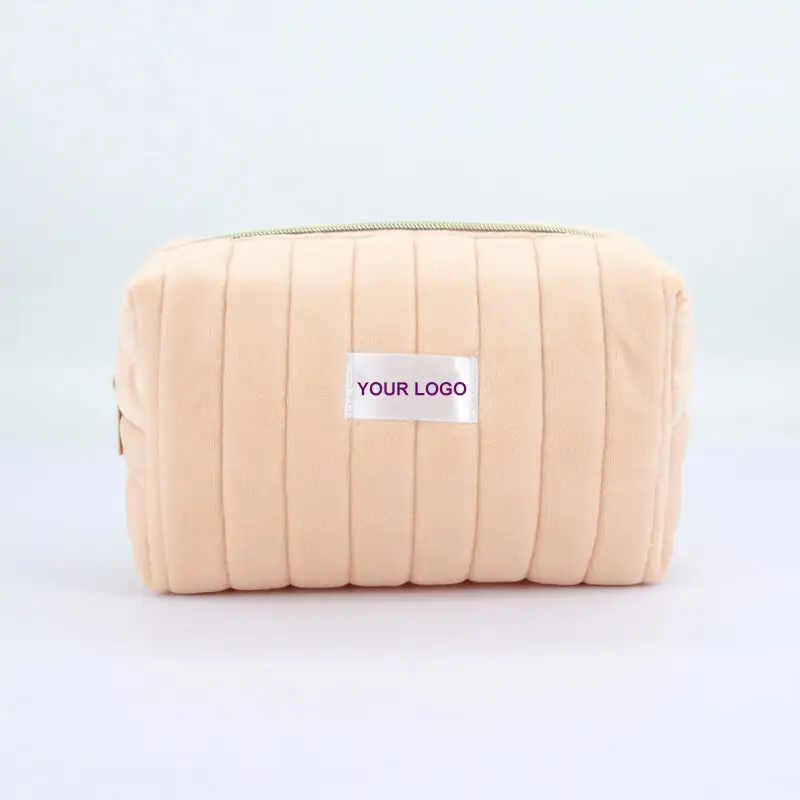 Custom logo hot Quilt Pink Velvet Makeup Bag Beauty embroidery Velvet Cosmetic Bags Private Label Zipper Makeup Organizer Pouch