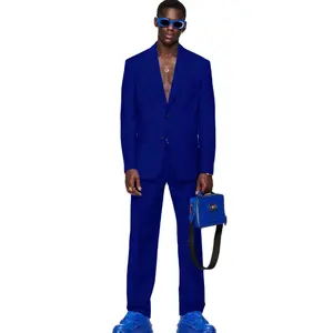 Setelan pakaian pria kerah berlekuk biru, pakaian trendi dua kancing, setelan 2 potong (jaket + celana), pakaian lengkap modis untuk pria