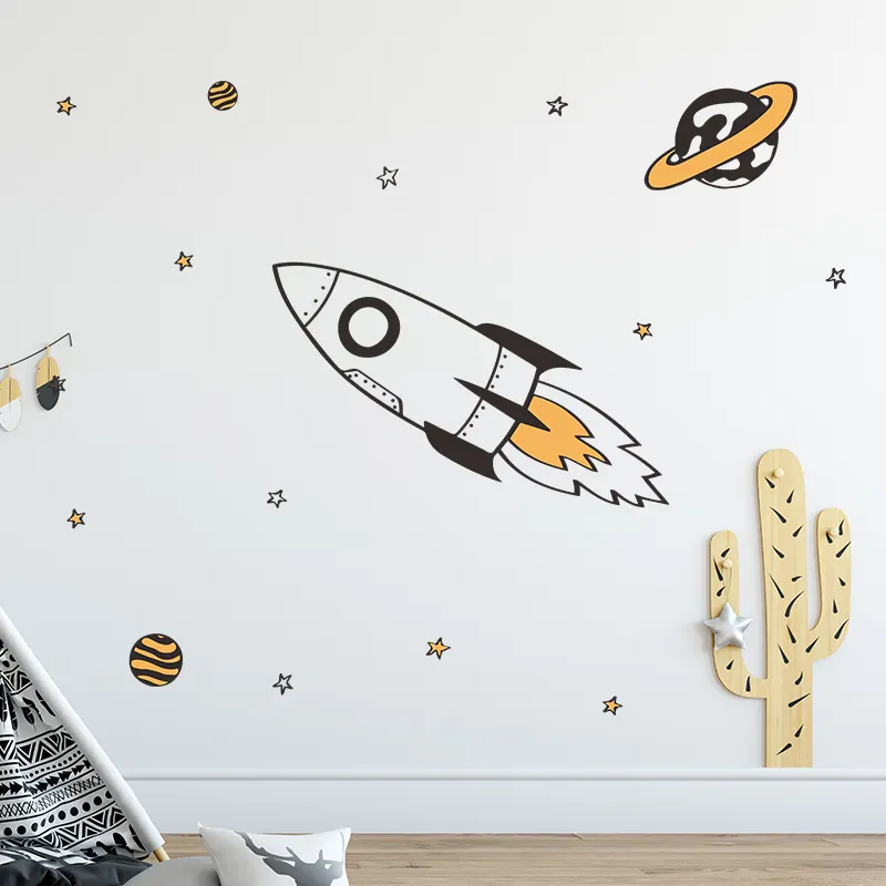 Rocket-pegatina de pared para habitación de bebé, decoración de pared para guardería, planeta para habitación de niños, pegatinas 3D