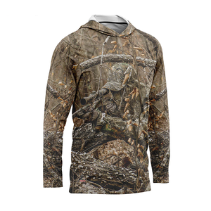 Pakaian berburu pria kustom desain baru poliester penuh cetak <span class=keywords><strong>Camo</strong></span> Mossy Oak lengan panjang bertudung kemeja berburu dengan masker wajah - Product Image 2