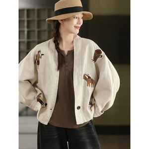Women's Cotton Linen Cardigan Short V-Neck Embroidered Vintage Style Spring Autumn Wear Mosaic Green Coffee NX-323 - Product Image 1