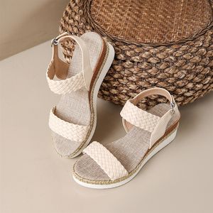 Sandales tissées rouges en gros d'usine - Espadrille à talon compensé, bride à la cheville, chaussures décontractées pour femmes au quotidien - Product Image 6