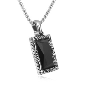 European American Style Titanium Steel <b>Black</b> Gemstone Pendant Square Stone Bezel Setting Men's Fashion Jewelry <b>Gift</b> 2408 - Product Image 5
