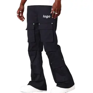 Calça cargo 100% algodão com perna reta e vários bolsos para homens, personalizada de alta qualidade