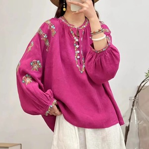 Pink Embroidered Cotton Linen <b>Top</b> Women V-neck Long Sleeve Boho Style Casual Loose Fit Mori Girl Fashion Shirt - Product Image 4