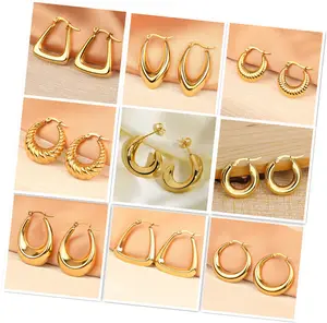 Perhiasan Anting-Anting Hoop Besar Chunky Mewah Kustom Anting-Anting Baja Nirkarat Wanita Perhiasan Berlapis Emas 18K dengan Logo untuk Wanita