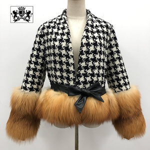 Janefur Ladies Short Spring Winter Manteau en <span class=keywords><strong>laine</strong></span> pour femmes Trendy Black Plaid Long Sleeves Slim Fox Fur Tweed Jacket - Product Image 4