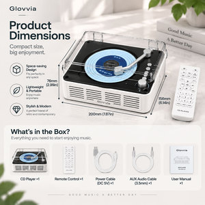 Lecteur CD rétro Glovvia avec haut-parleurs intégrés, radio FM Bluetooth, lecture USB, télécommande, design en bois, lecteur de musique domestique - Product Image 4
