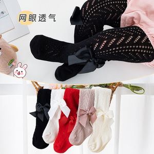 Pantimedias de malla transpirables ultrafinas de algodón de punto de verano de estilo español para verano, mallas de bebé con lazo pequeño bonito de dibujos animados - Product Image 4