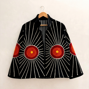 Handmade Black <b>Velvet</b> Embroidered Suzani <b>Jacket</b> with Geometric Sun Pattern Full Sleeve Stand Collar Bohemian Soft Winter Coat - Product Image 1