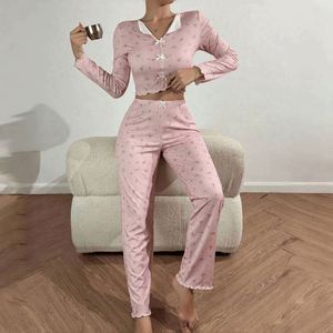 I-0627 Pyjama d'été décontracté deux pièces pour femme, imprimé cœurs, logo frontal, taille élastique, doux et respirant, polyester/coton - Product Image 4