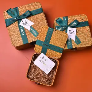 Rectangle seagrass woven basket with bowknot as flower candy storage box and gift box or basket