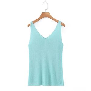 N7992 Camiseta sin mangas de punto con cuello en V para mujer, color liso, talla grande, tacto seda helada, rosa bebé, azul Nilo, cielo estrellado, negro obsidiana - Product Image 1