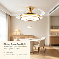 Ventilateur de plafond rétractable à double anneau doré avec éclairage LED, 3 couleurs dimmables, silencieux, pour usage domestique, télécommande