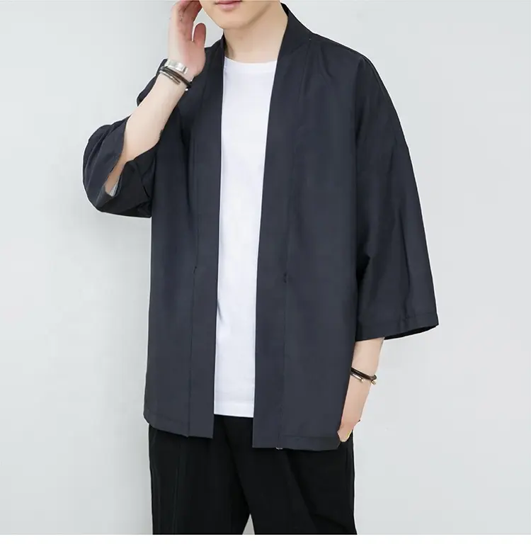 Men's Kimono Jackets Cardigan Loose Cotton Linen Blend 3/4 Sleeve Open Front Casual Summer Shirt