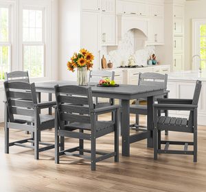 Dwoo grigio moderno 7 pezzi all'aperto Patio tavolo da pranzo Set per <span class=keywords><strong>tutte</strong></span> <span class=keywords><strong>le</strong></span> stagioni impermeabile Hotel ristorante tavolo Set sedie - Product Image 4