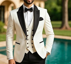 Nouveau <span class=keywords><strong>Costume</strong></span> <span class=keywords><strong>Homme</strong></span> <span class=keywords><strong>3</strong></span> <span class=keywords><strong>Pièces</strong></span> Ivoire Bourgogne Coupe Slim Blazer Gilet Pantalon Tenue de Mariage Tuxedo pour Marié Costumes de Soirée d'Affaires pour Hommes - Product Image 2