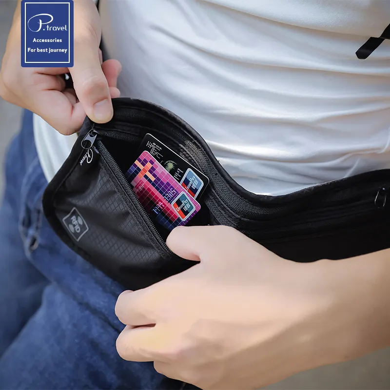 P.travel Travel Hidden Money Belt-RFIDブロッキングジッパーナイロンマネーベルトウエストパスポートウォレット