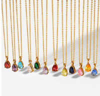 Simple Collier Pendentif Pierre de Naissance en Forme de Goutte en Acier Inoxydable Plaqué Or 18K, Zircon de Couleur et Titane pour Femme