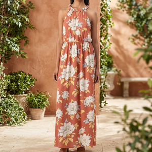 Floor-Length Sweet Woven Rayon Women's <b>Dress</b> with Mandarin Collar Floral Print Button and Digital Printing - Product Image 3