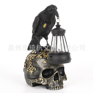 Halloween Skull <b>Lantern</b> With Crow <b>Battery</b> Operated Indoor Decoration For Entryway And Living Room - Product Image 5
