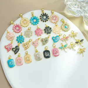 Cute Colorful 18K Gold Flower Oil Drop Charms Smiley Face Heart Enamel Pendant Necklace Dripping Oil Pendants For Jewelry Making