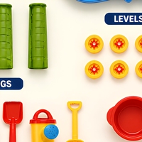Table d'eau multi-niveaux en plastique bleu pour enfants, idéale pour les jeux de plage en extérieur avec sable et accessoires