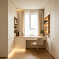 Bureau flottant en chêne de qualité supérieure, en forme de L, avec armoire incurvée et éclairage LED pour projets de design de bureau et de salle d'étude