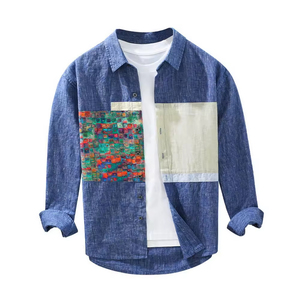 Chemises à manches longues en lin pur de haute qualité personnalisées pour hommes, boutons décontractés, impression numérique patchwork, chemise en lin - Product Image 1