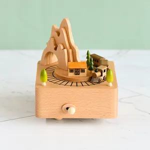 Hot Selling Wooden Music Boxes Birthday Cake Music Box Lovely Rabbit Play Time With Toy Train Wooden Music Box