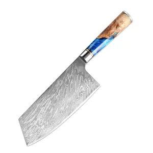7.5英寸Nakiri厨师刀大马士革日本菜刀切片肉蔬菜切肉刀屠刀蓝色树脂手柄