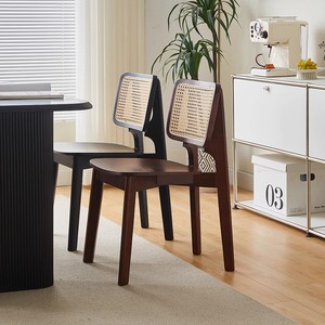 Chaise en rotin avec dossier en bois massif, noyer noir, chaise de salle à manger moderne minimaliste - Product Image 3