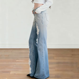 กางเกงยีนส์เดนิมทรงขาบานเอวสูงแต่งลายฉลุปักเลื่อมสไตล์วายทูเค แต่งขอบเอววี แต่งผ้าลูกไม้ แต่งรอยขาดไล่เฉดสี - Product Image 4