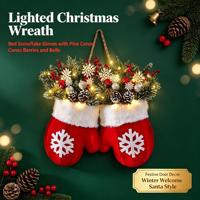 Weihnachtshandschuh-Kranz mit LED-Beleuchtung, Tannenzapfen, Beeren und Schneeflocken, Türdekoration, Großhandelslieferant