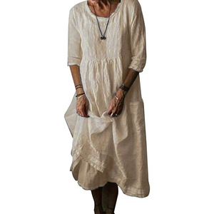 2026 Solid Color High Waist Women Garment Cotton Pleated Loose Literary Dress - Product Image 6