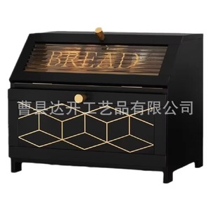 Wooden Bread Box Double Layer Storage <b>Container</b> With Glass Lid And Geometric Design For Kitchen Use - Product Image 1