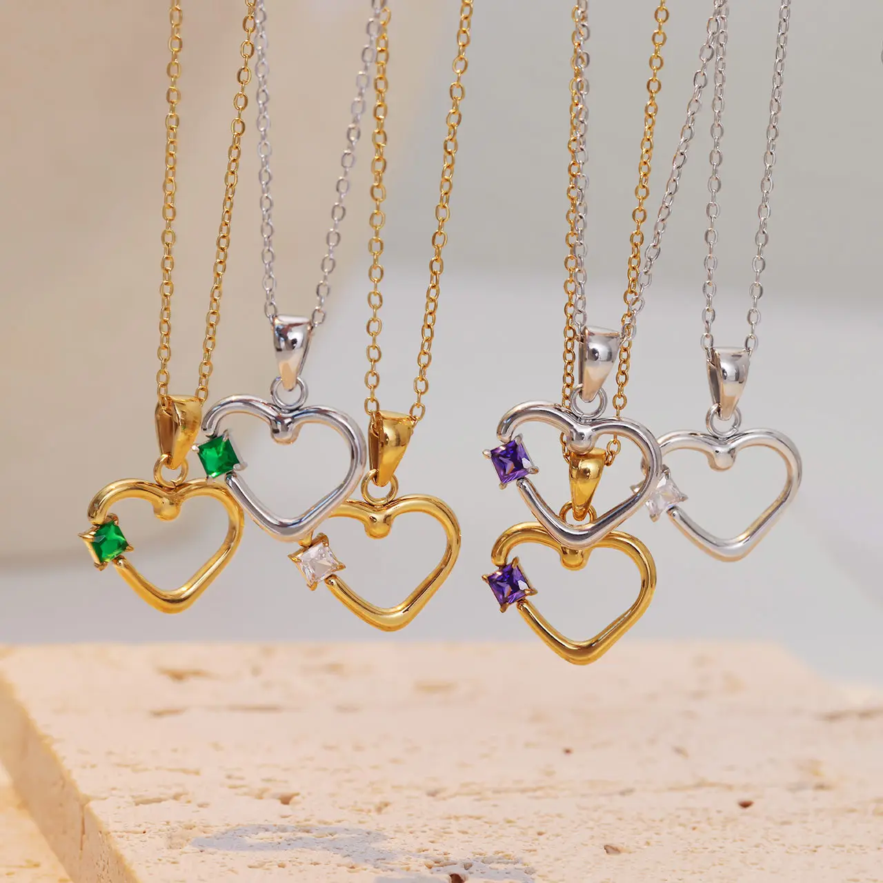 Collana con cuore in zircone bianco verde viola regalo di san valentino collana con cuore in acciaio inossidabile placcato oro 14K