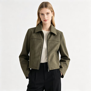 Veste Courte Femme Personnalisée en Faux Daim, Col Revers Rétro, Fermeture Éclair Intégrale, Manteau d'Automne - Product Image 2
