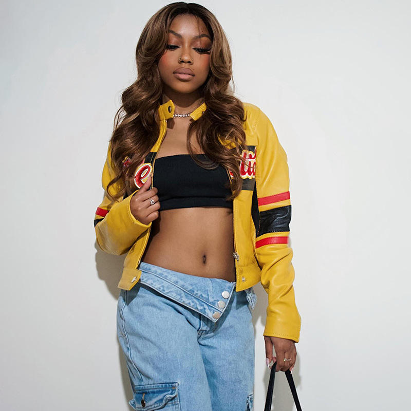 Embroidery Varsity Jacket Women Patchwork Leather Faux Full Sleeve