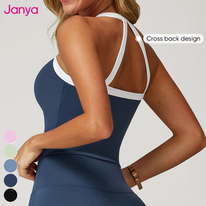 Janya通気性カラーブロッキングスポーツウェアハイウエストジムフィットネスパンツセットホルターヨガタンクトップ女性用2ピースセット - Product Image 4