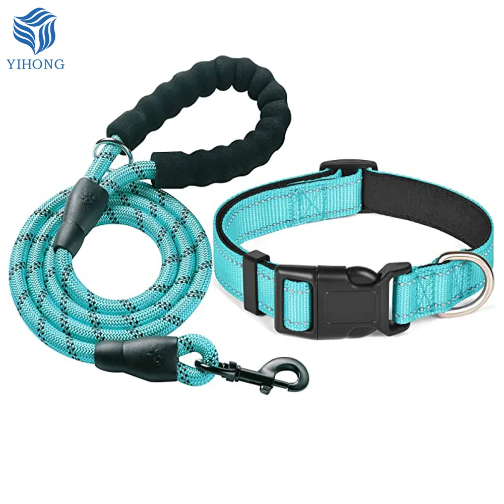 and with for at 2022 Hot Factory Custom Foam Handle Brand Logo Reflective Night Nylon Two Piece Braid Pet Collar set Dog Leash