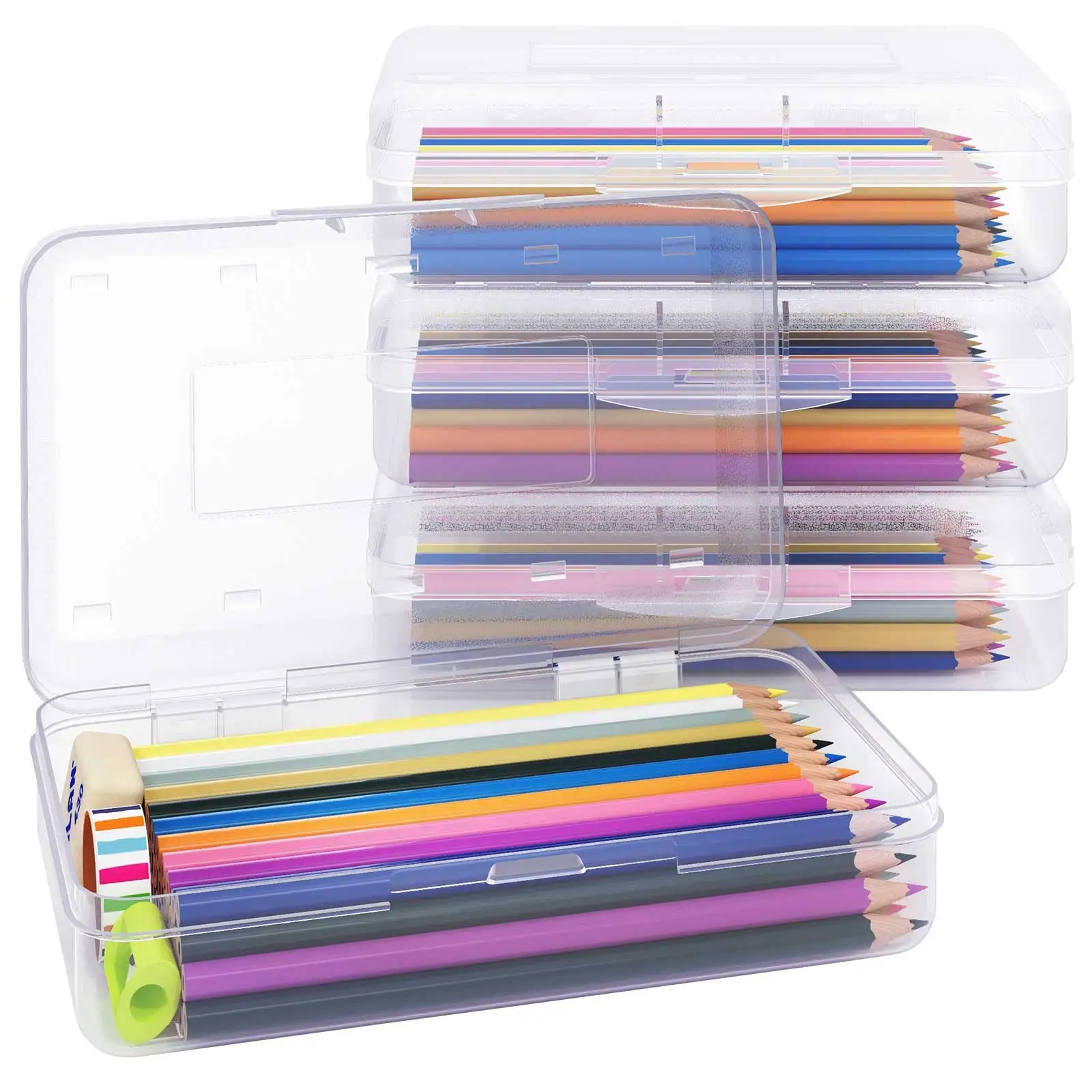 NISEVEN 4 Packs Large Capacity Office Supplies Storage Organizer Box Crayon Box Storage with Snap-Tight Lid Stackable Pencil Box