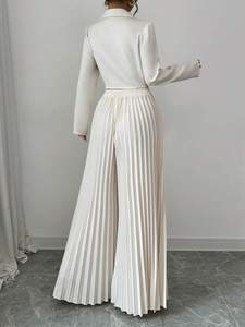 Completo Due Pezzi da <span class=keywords><strong>Donna</strong></span> con Blazer a Vita Alta <span class=keywords><strong>e</strong></span> Pantaloni a Gamba Larga Plissettati per Ufficio Vestibilità Comoda Tinta Unita per l'Autunno - Product Image 3