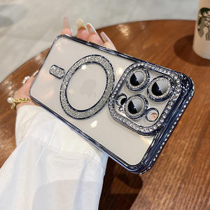 Nouveau étui de téléphone transparent magnétique de galvanoplastie pour <span class=keywords><strong>iPhone</strong></span> 11 <span class=keywords><strong>12</strong></span> 13 14 15 promax accessoires de téléphone de frontière de strass de luxe - Product Image 6